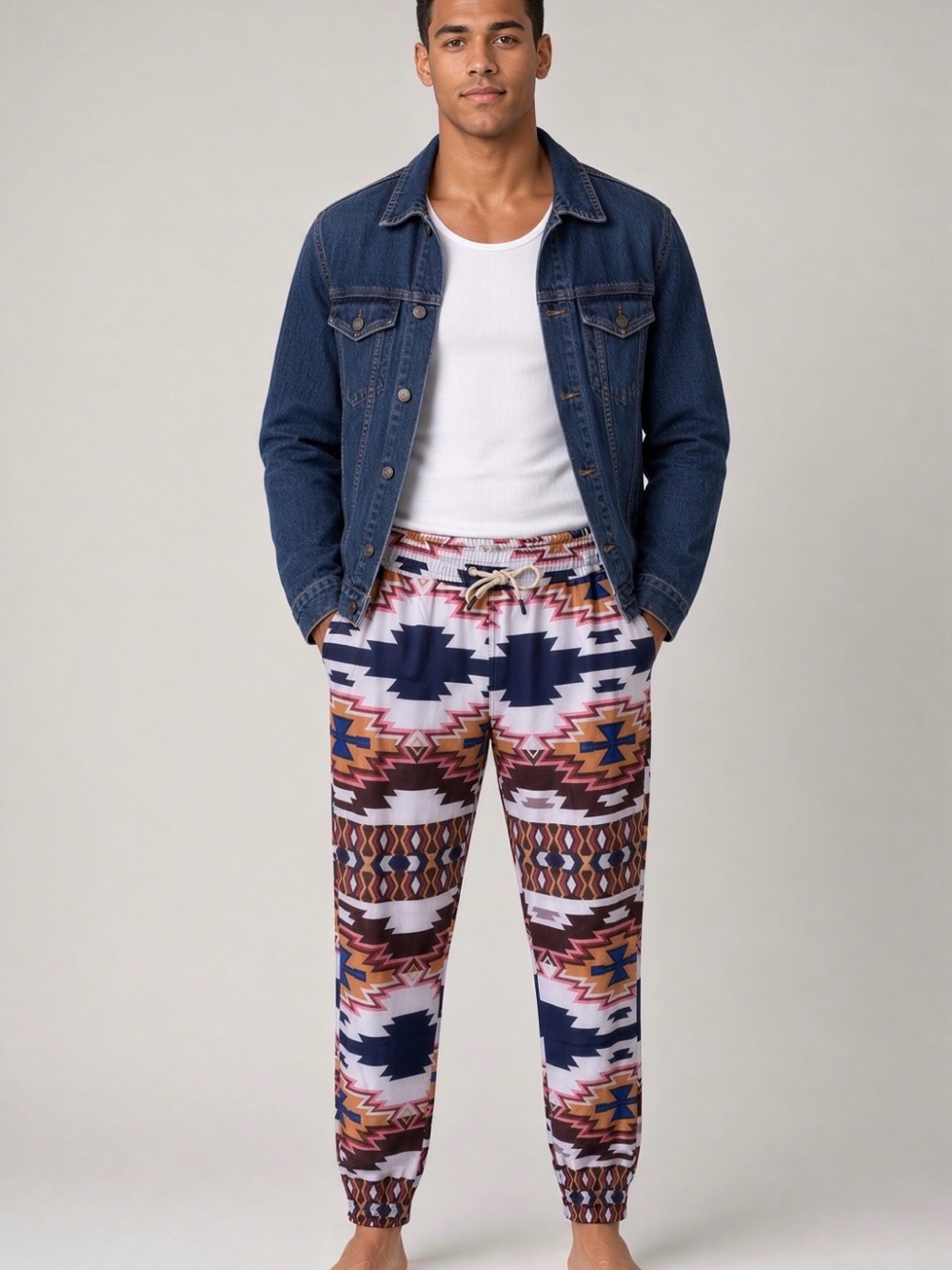 Men's Aztec Print Jogger Pants - Navy, Brown & White xl